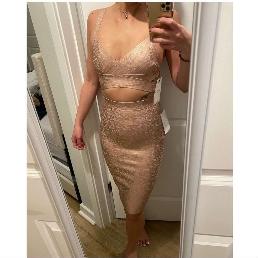 Metallic rose gold two piece bandage skirt set